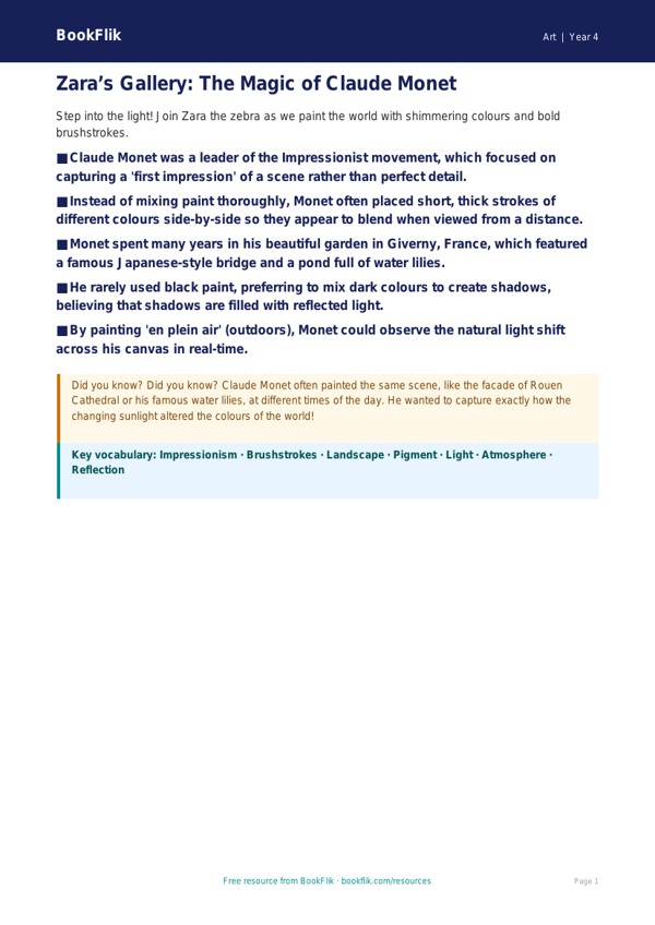 Claude Monet Art Lesson for Year 4 | Australian Curriculum | BookFlik worksheet preview — Art Monet