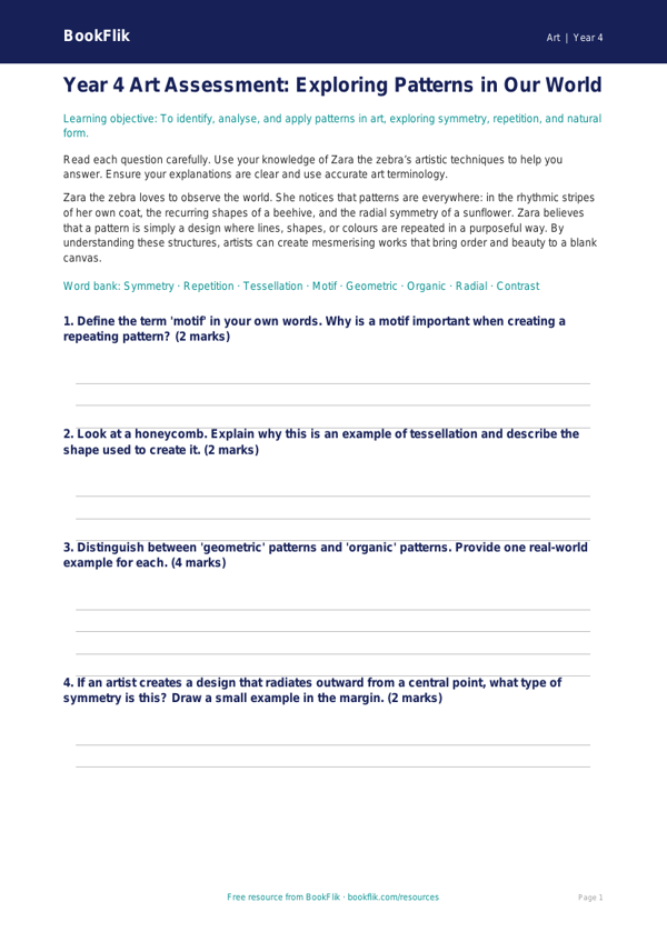 Free Pattern Assessment | Year 4 | Art | BookFlik worksheet preview — Art Pattern