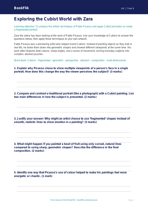 Free Picasso Worksheet | Year 4 | Art | BookFlik worksheet preview — Art Picasso
