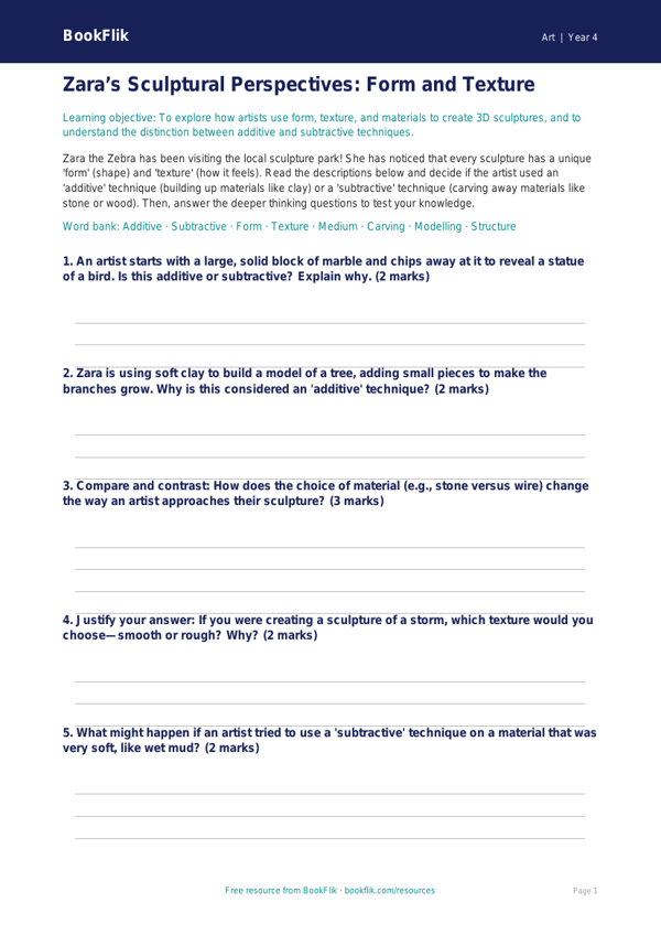 Free Sculpture Activity Sheet | Year 4 | Art | BookFlik worksheet preview — Art Sculpture
