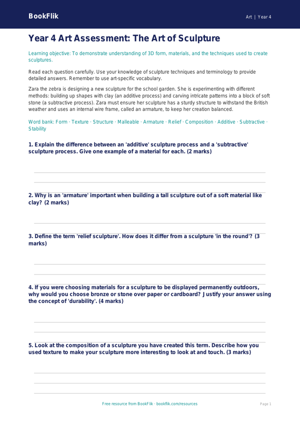 Free Sculpture Assessment | Year 4 | Art | BookFlik worksheet preview — Art Sculpture