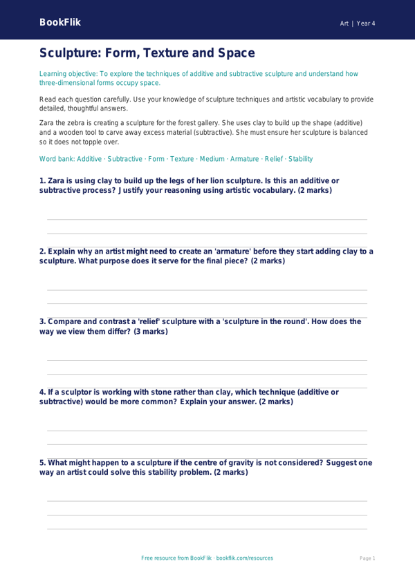 Free Sculpture Worksheet | Year 4 | Art | BookFlik worksheet preview — Art Sculpture