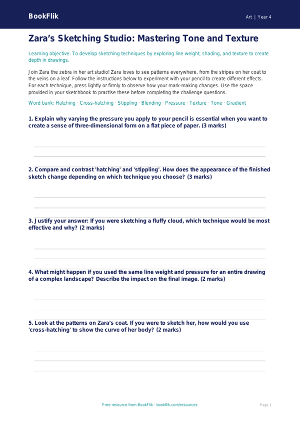Free Sketching Activity Sheet | Year 4 | Art | BookFlik worksheet preview — Art Sketching