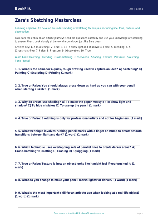 Sketching Quiz Year 4 Free | Art Lesson | BookFlik worksheet preview — Art Sketching