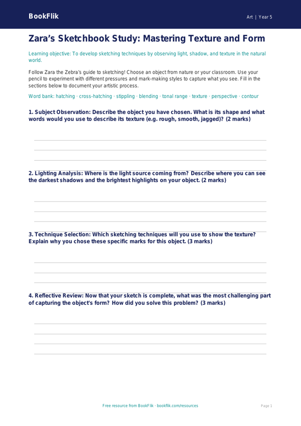 Free Sketching Template | Year 5 | Art | BookFlik worksheet preview — Art Sketching