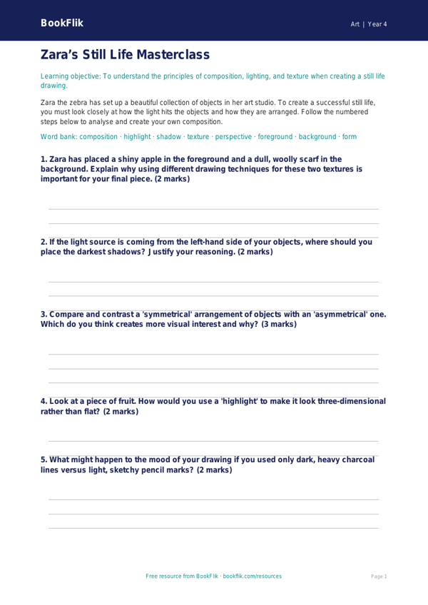 Free Still Life Activity Sheet | Year 4 | Art | BookFlik worksheet preview — Art Still Life