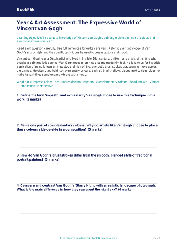 Free Van Gogh Assessment | Year 4 | Art | BookFlik worksheet preview — Art Van Gogh