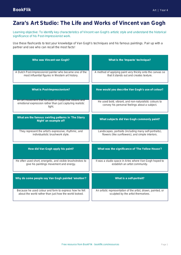 Van Gogh Art History Flashcards | Year 4 | Australian Curriculum worksheet preview — Art Van Gogh