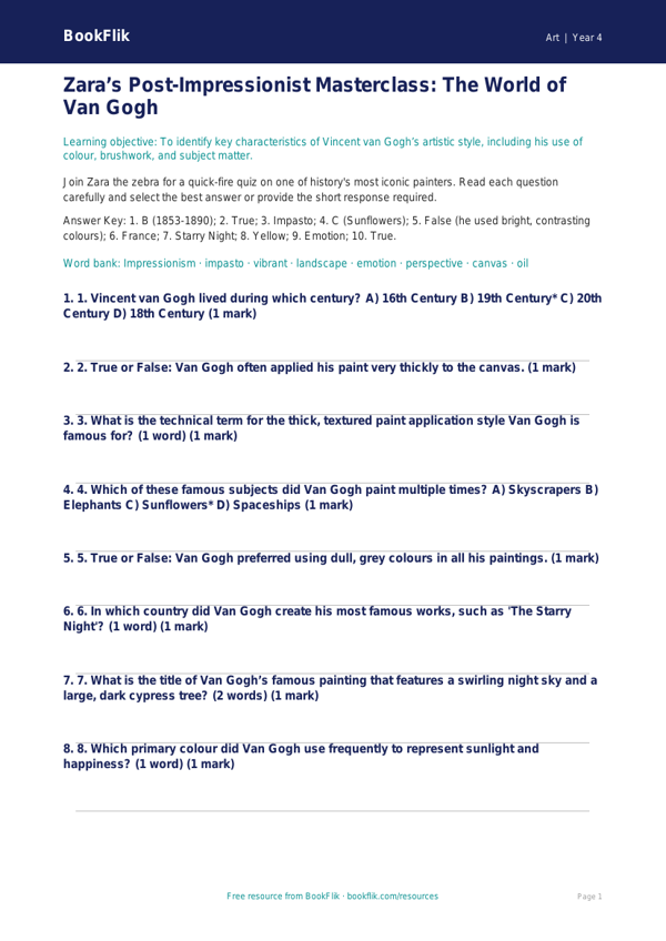 Van Gogh Quiz Year 4 | Art History | BookFlik worksheet preview — Art Van Gogh