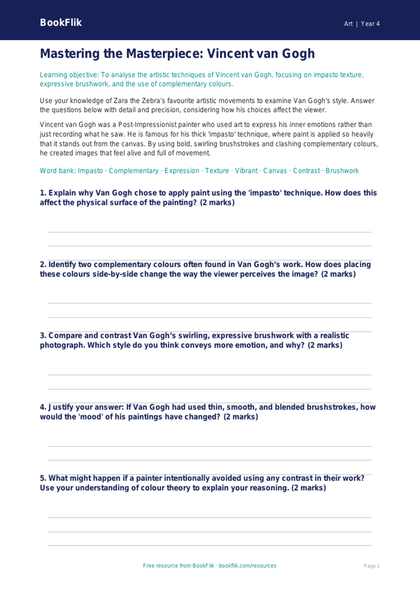 Van Gogh Art Worksheet | Year 4 Australian Curriculum | BookFlik worksheet preview — Art Van Gogh