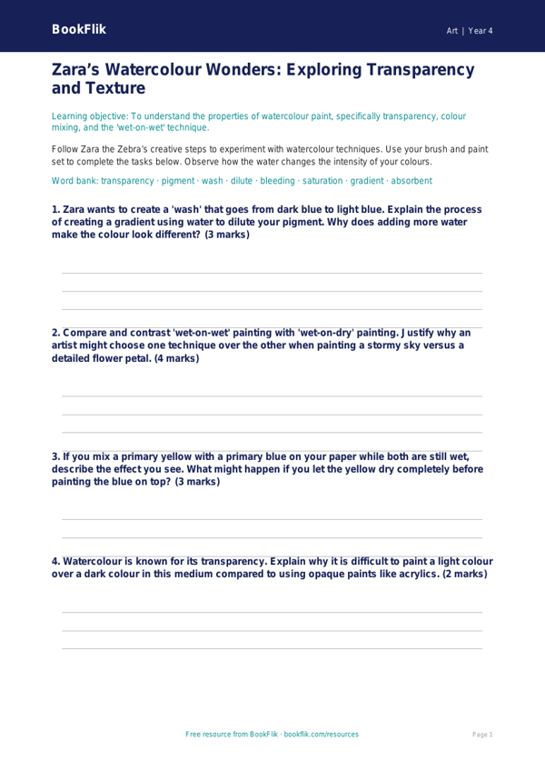 Free Watercolour Activity Sheet | Year 4 | Art | BookFlik worksheet preview — Art Watercolour
