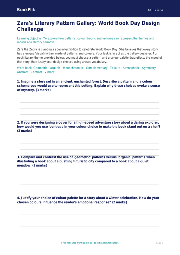 Free World Book Day Art Activity Sheet | Year 4 | Art | BookFlik worksheet preview — Art World Book Day Art