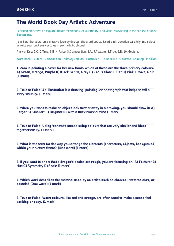 World Book Day Art Quiz for Year 4 | Australian Curriculum worksheet preview — Art World Book Day Art