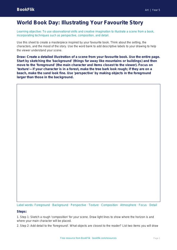 World Book Day Art Drawing Sheet | Year 5 | Australian Curriculum worksheet preview — Art World Book Day Art