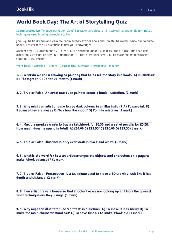 Free World Book Day Art Quiz | Year 5 | Art | BookFlik worksheet preview — Art World Book Day Art