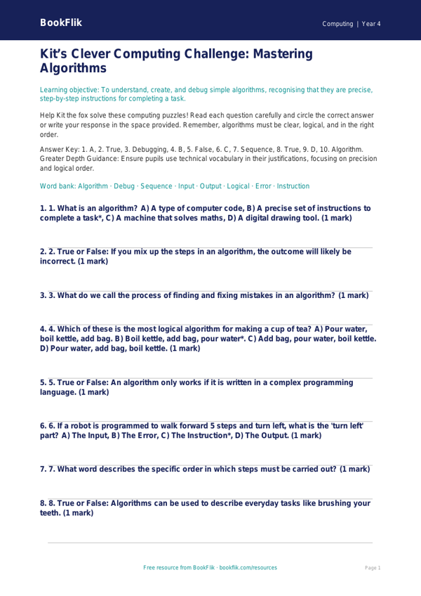 Free Algorithms Quiz | Year 4 | Computing | BookFlik worksheet preview — Computing Algorithms