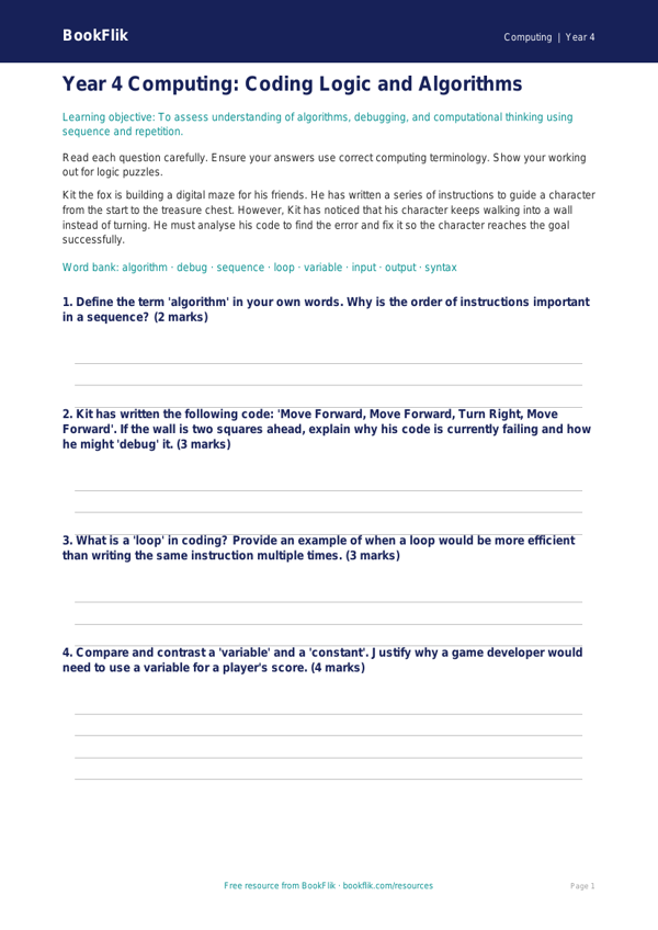 Coding Assessment Year 4 | Digital Technologies | BookFlik worksheet preview — Computing Coding