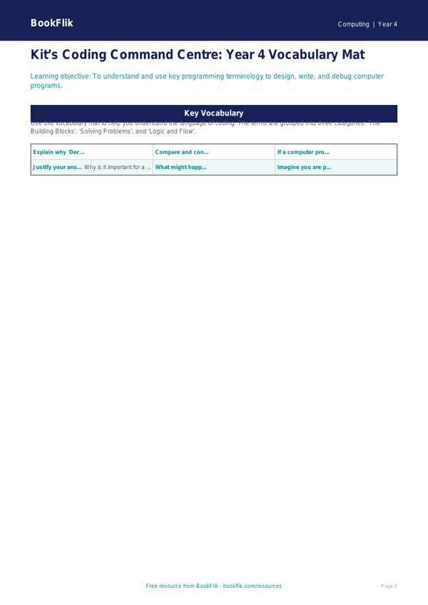 Free Coding Word Mat | Year 4 | Computing | BookFlik worksheet preview — Computing Coding