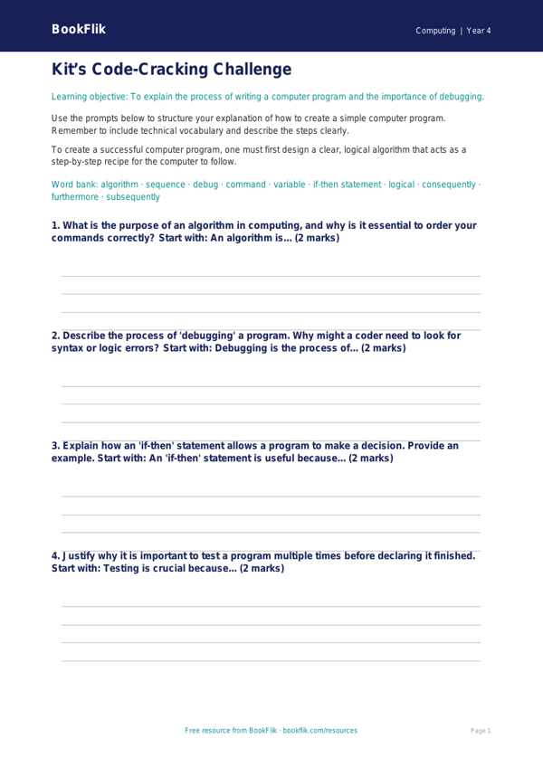 Free Coding Writing Frame | Year 4 | Computing | BookFlik worksheet preview — Computing Coding