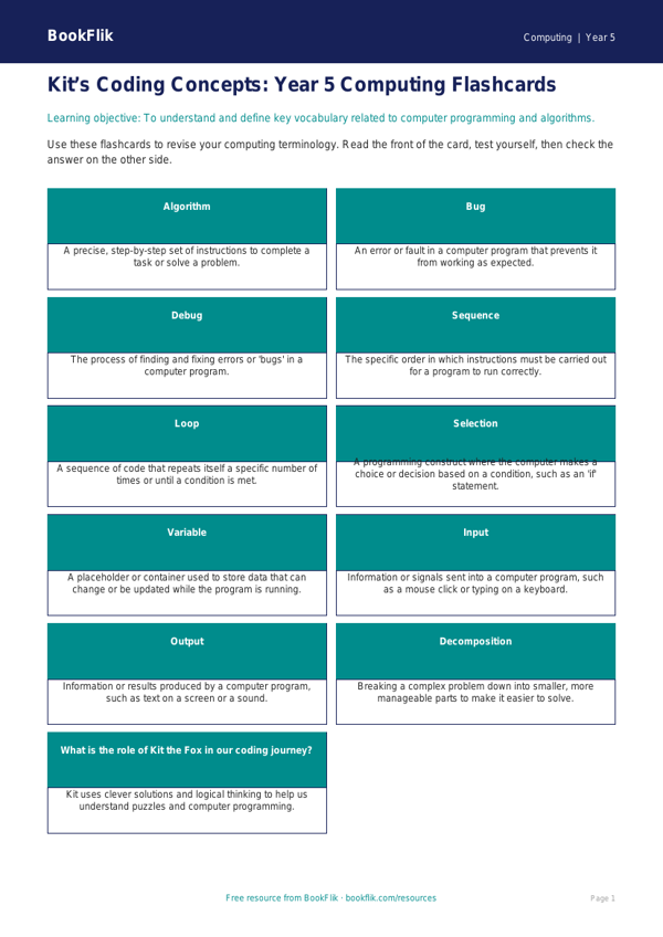 Free Coding Flashcards | Year 5 | Computing | BookFlik worksheet preview — Computing Coding