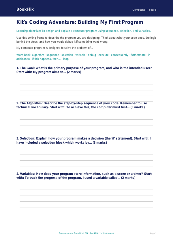 Free Coding Writing Frame | Year 5 | Computing | BookFlik worksheet preview — Computing Coding