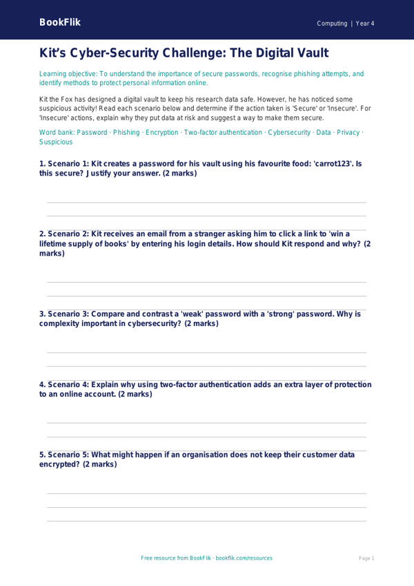 Free Cybersecurity Activity Sheet | Year 4 | Computing | BookFlik worksheet preview — Computing Cybersecurity