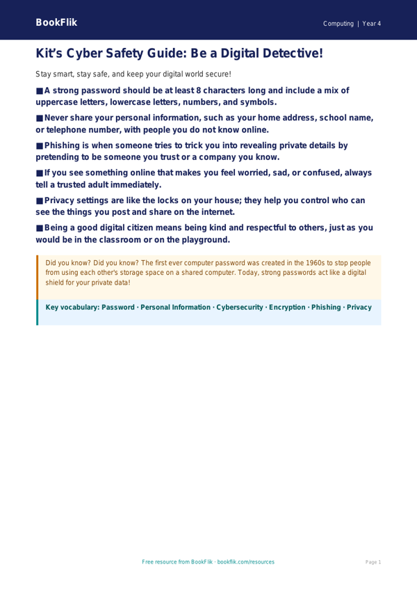 Free Cybersecurity Poster | Year 4 | Computing | BookFlik worksheet preview — Computing Cybersecurity