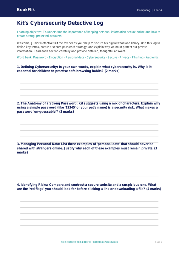 Cybersecurity Template Year 4 | Computing Resources | BookFlik worksheet preview — Computing Cybersecurity