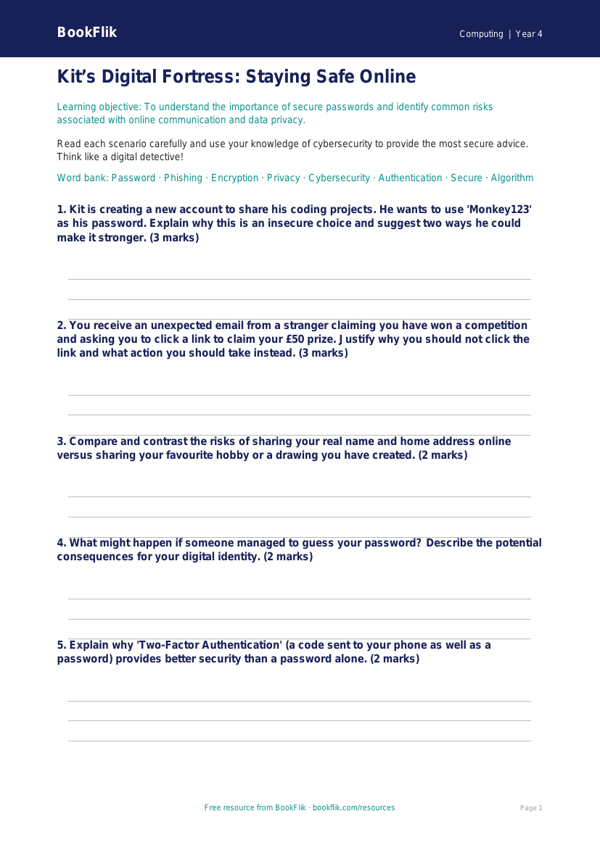 Cybersecurity Worksheet Year 4 | Computing | BookFlik Australia worksheet preview — Computing Cybersecurity