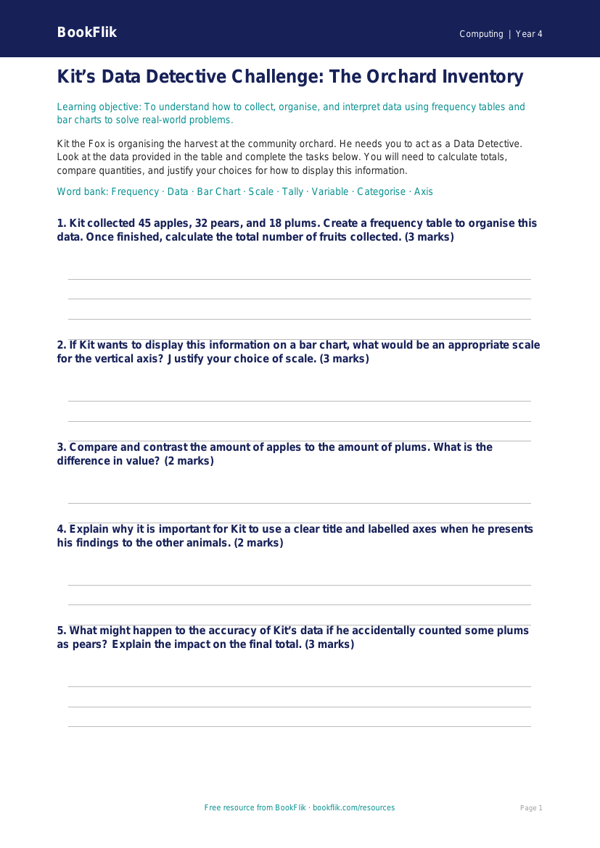 Free Data Handling Activity Sheet | Year 4 | Computing | BookFlik worksheet preview — Computing Data Handling