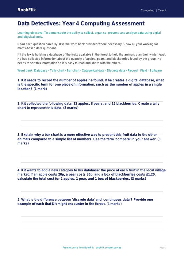 Free Data Handling Assessment | Year 4 | Computing | BookFlik worksheet preview — Computing Data Handling