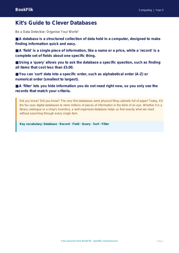 Free Databases Poster | Year 5 | Computing | BookFlik worksheet preview — Computing Databases