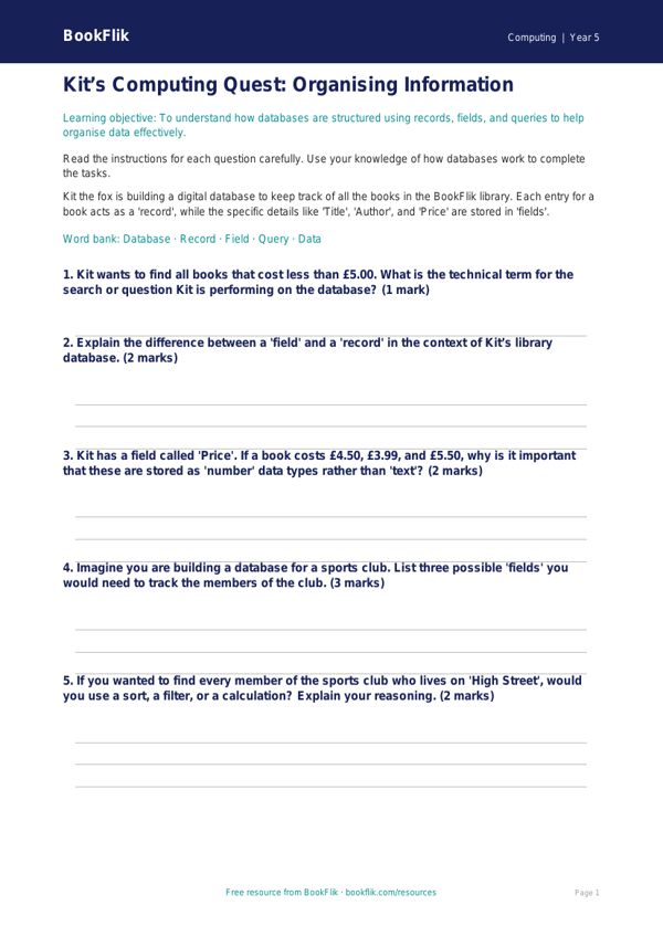 Free Databases Worksheet | Year 5 | Computing | BookFlik worksheet preview — Computing Databases