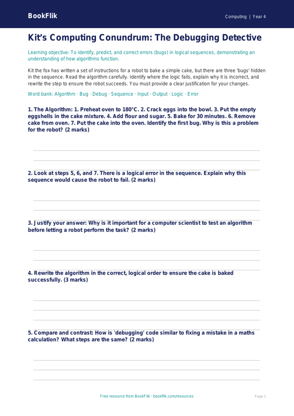 Free Debugging Activity Sheet | Year 4 | Computing | BookFlik worksheet preview — Computing Debugging