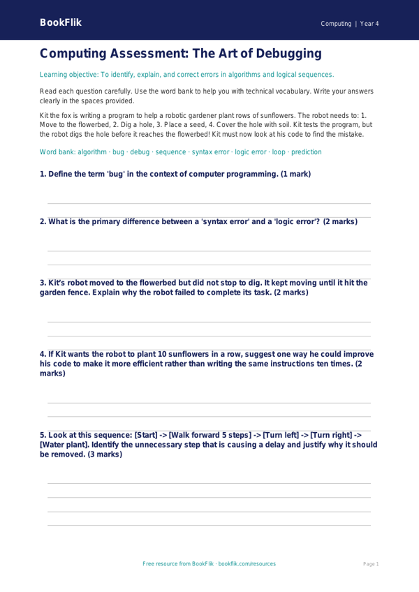 Free Debugging Assessment | Year 4 | Computing | BookFlik worksheet preview — Computing Debugging