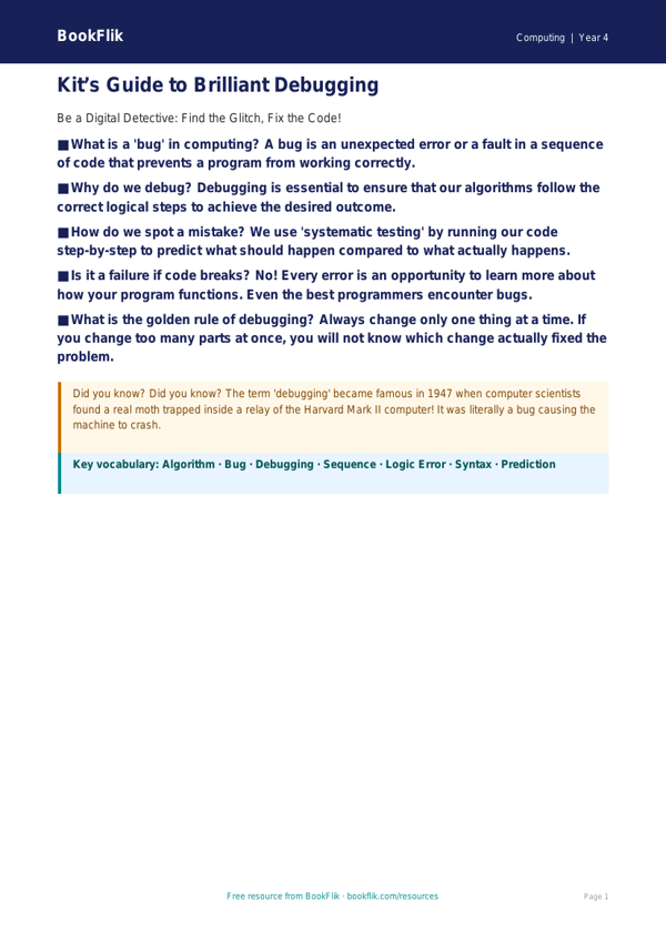 Free Debugging Poster | Year 4 | Computing | BookFlik worksheet preview — Computing Debugging