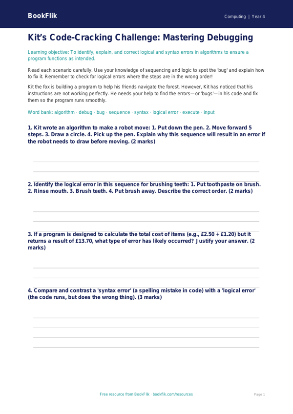 Free Debugging Worksheet | Year 4 | Computing | BookFlik worksheet preview — Computing Debugging