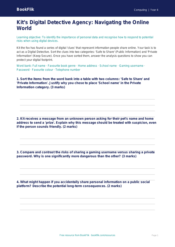 Free E Safety Activity Sheet | Year 4 | Computing | BookFlik worksheet preview — Computing E Safety
