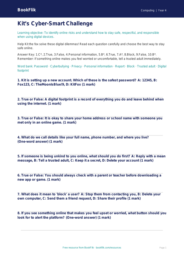 Free E Safety Quiz | Year 4 | Computing | BookFlik worksheet preview — Computing E Safety