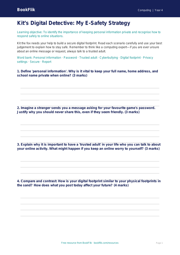 Free E-Safety Template for Year 4 | Computing | BookFlik worksheet preview — Computing E Safety