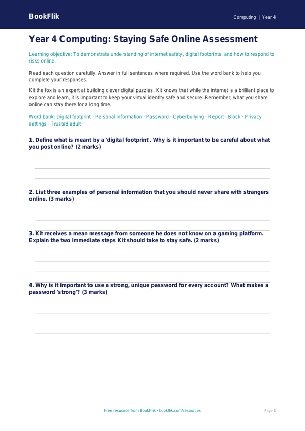 Free Internet Safety Assessment | Year 4 | Computing | BookFlik worksheet preview — Computing Internet Safety