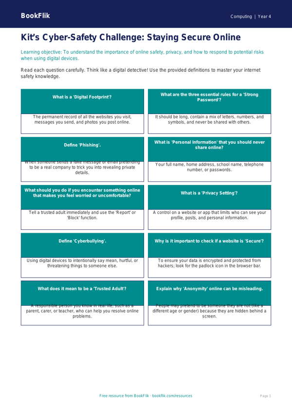 Free Internet Safety Flashcards | Year 4 | Computing | BookFlik worksheet preview โ Computing Internet Safety