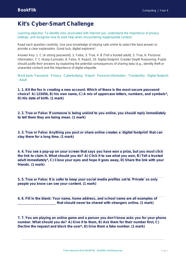 Free Internet Safety Quiz | Year 4 | Computing | BookFlik worksheet preview — Computing Internet Safety