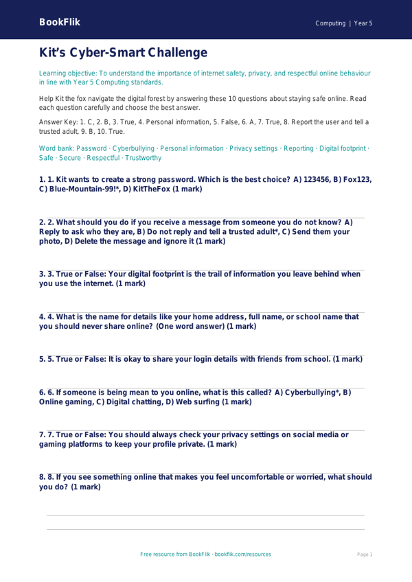 Free Internet Safety Quiz | Year 5 | Computing | BookFlik worksheet preview — Computing Internet Safety