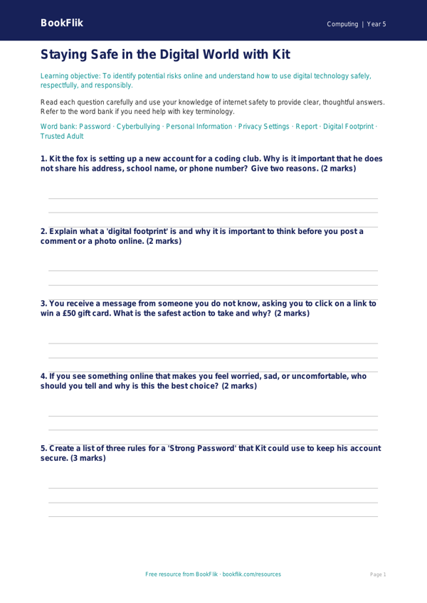 Free Internet Safety Worksheet | Year 5 | Computing | BookFlik worksheet preview — Computing Internet Safety