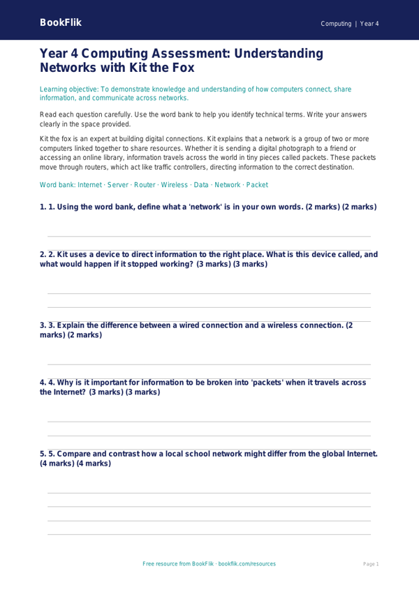 Free Networks Assessment | Year 4 | Computing | BookFlik worksheet preview — Computing Networks