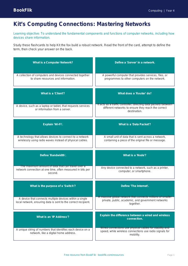 Free Networks Flashcards | Year 4 | Computing | BookFlik worksheet preview — Computing Networks