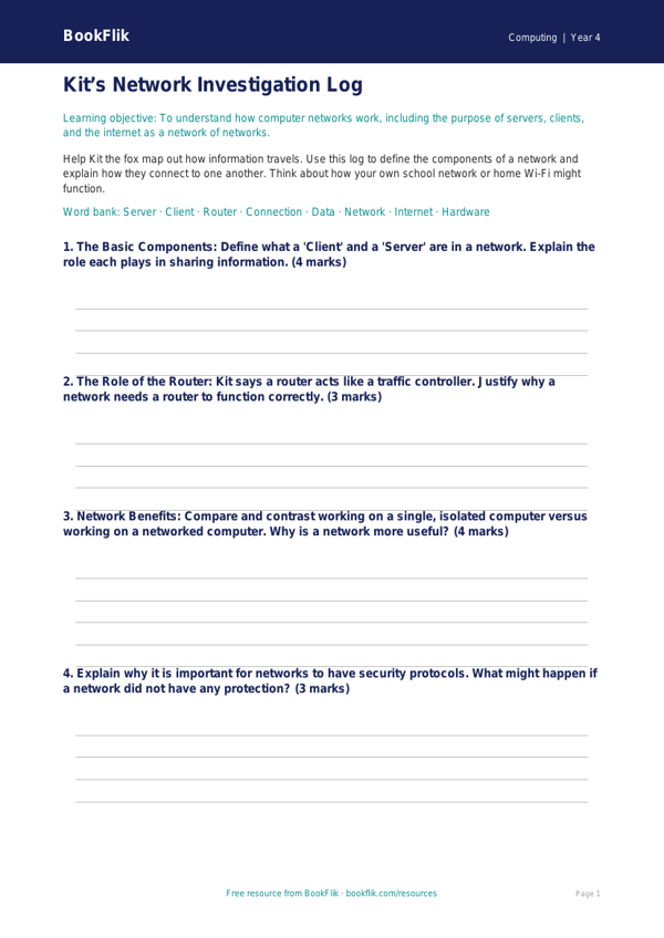 Free Networks Template | Year 4 | Computing | BookFlik worksheet preview — Computing Networks