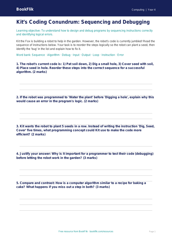Free Programming Activity Sheet | Year 4 | Computing | BookFlik worksheet preview — Computing Programming