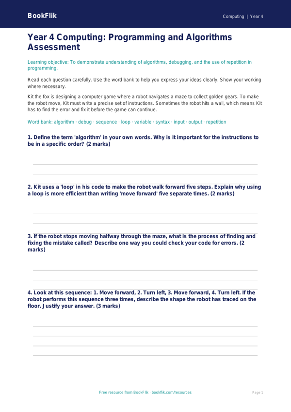 Free Programming Assessment | Year 4 | Computing | BookFlik worksheet preview — Computing Programming